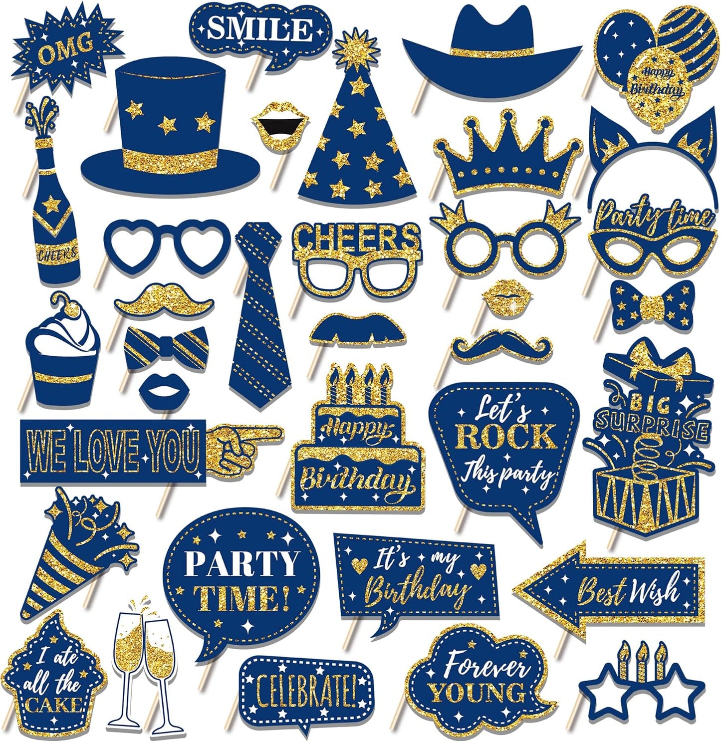 36 PCS Photo Booth Props Party Supplies Holiday Picture Decorations Blue Paper Photo Props for Birthday Party Favors Pose Sign Kit Fun