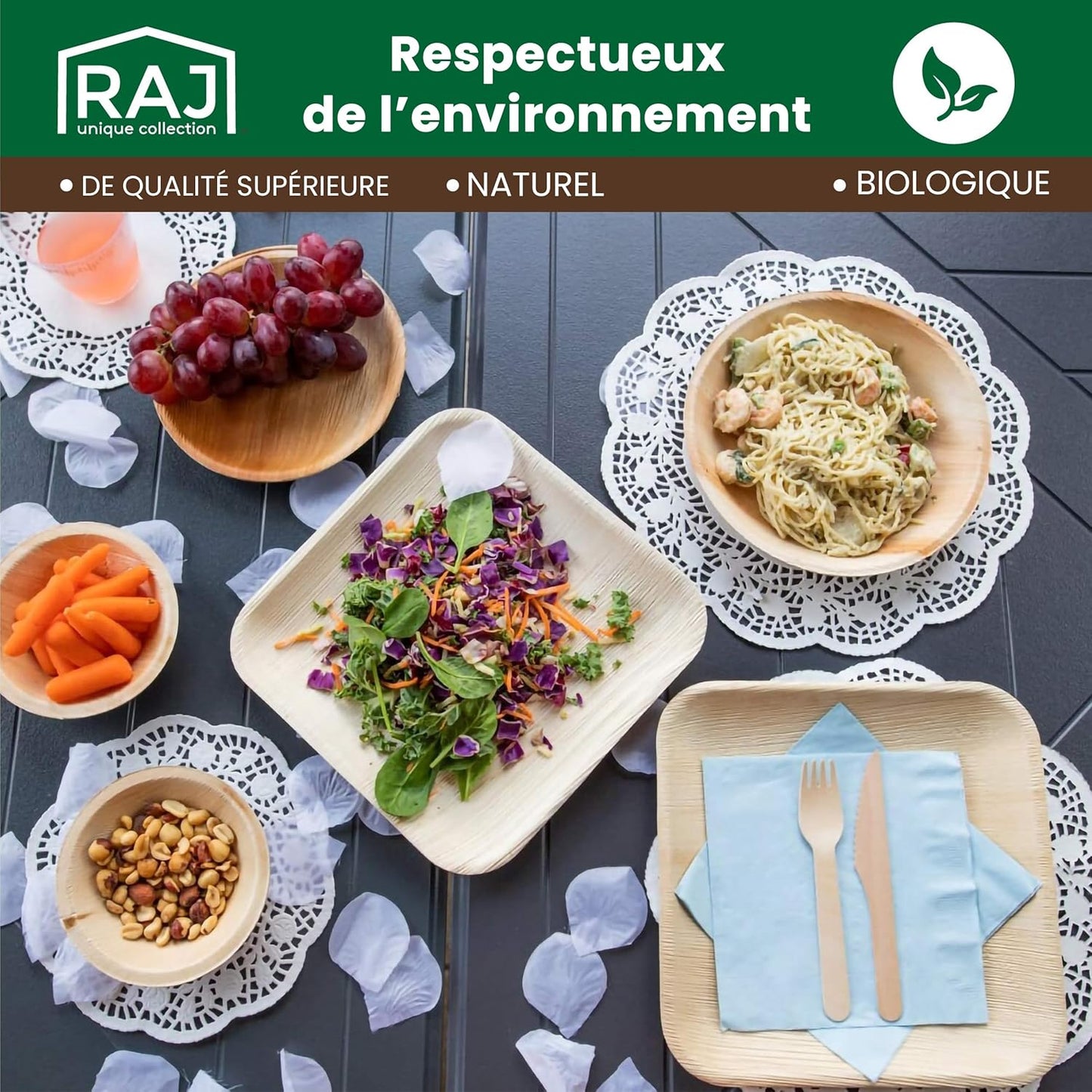 Raj Disposable Palm Leaf Bowls (50 Count, 4" Square Bowls) Strong Bowl Like Bamboo Party Bowl - Decorative Compostable Tableware for Lunch, Dinner, Birthday, Outdoor, BBQ, Picnic.