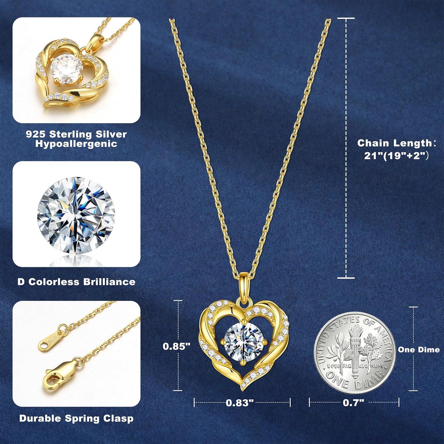 MOOSEA Christmas Gifts for Women Wife, 1-3 Carat D Color VVS1 Clarity Moissanite Heart Pendant Necklaces Anniversary Birthday Gifts for Wife Mom Daughter 925 Sterling Silver Necklace