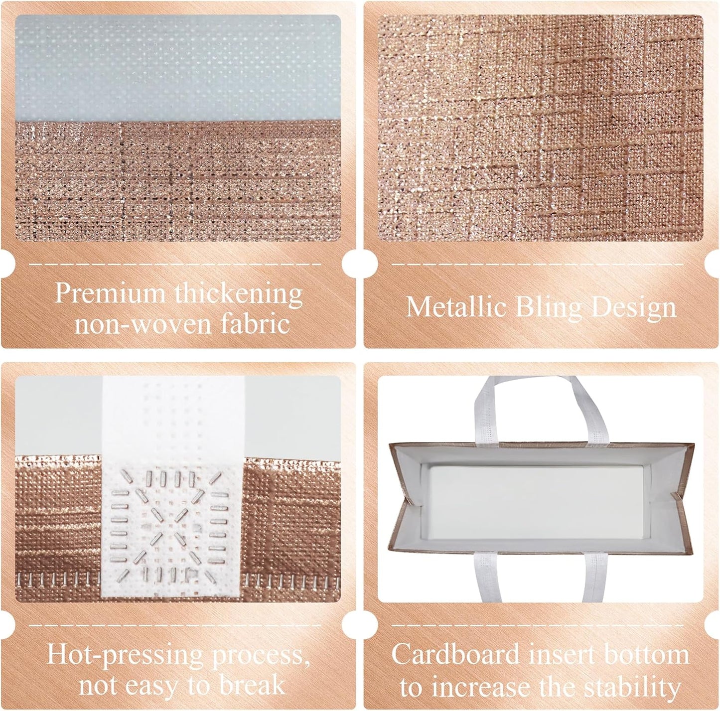 cabzymx Rose Gold Reusable Gift Bags with Metallic Design, 25 Pcs Non-woven Gift Bag Bulk with Handles, 12.6x4.7x11 In Party Bags for Wrapping Gifts, Birthday, Wedding, Parties, Graduation