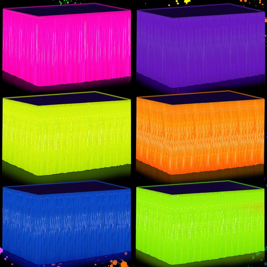 Glow in the Dark Party Supplies - 6Pack Neon Tinsel Fringe Table Skirts Party Decoration， 31.5"x118" UV Reactive & Fluorescent Neon Streamers for Glow Party, Birthday, Rave, Blacklight Event