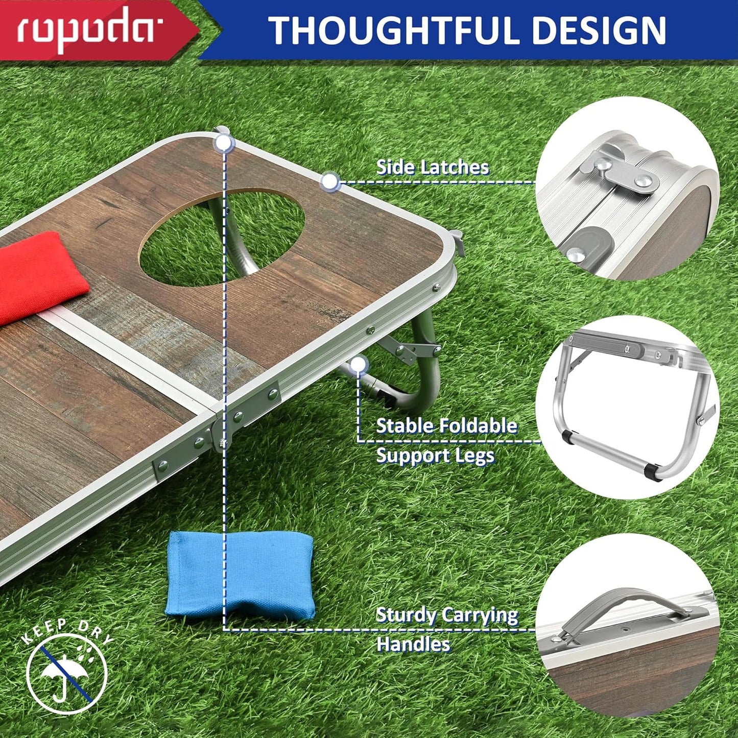 ROPODA Portable Cornhole Board Set,24 x 16 in Corn Hole Games for Adults with 8 Bean Bags, Lightweight Aluminum Alloy Edging Cornhole Set for Outdoor Games，Beach and Tailgates.