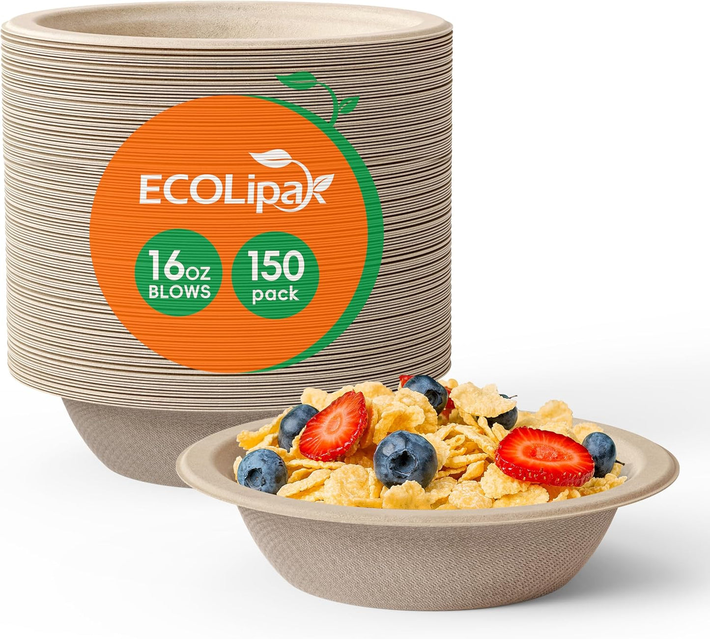 ECOLipak 150 Pack Compostable Disposable Paper Bowls, 16 OZ Bagasse Heavy duty Biodegradable Eco Friendly Sugarcane Soup Bowls for Salad Dessert(Nature)