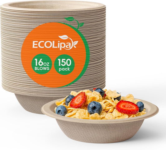 ECOLipak 150 Pack Compostable Disposable Paper Bowls, 16 OZ Bagasse Heavy duty Biodegradable Eco Friendly Sugarcane Soup Bowls for Salad Dessert(Nature)