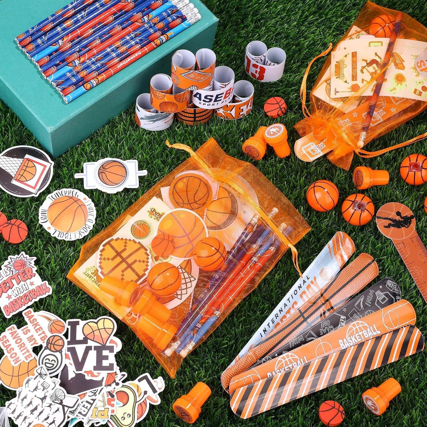 Aneco 340 Pieces Basketball Party Favor Set Basketball Goodie Bags Stuffers Mini Card Pencil Sharpener Eraser Stamp Slap Bracelet Sticker School Stationery Bulk for Party Team Game Prize Birthday Gift