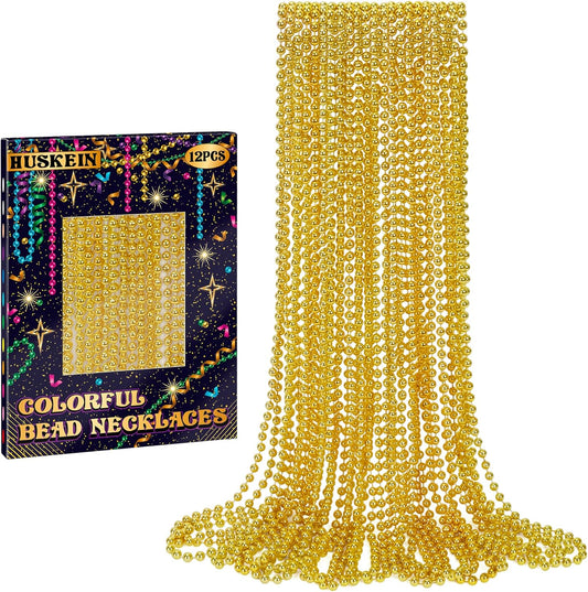 12 PCS Mardi Gras Beads, 33" Gold Beads Necklaces, Mardi Gras Beaded Accessories Parade Throws Accessory Set, Gold Beads for Wedding Carnival St. Patricks Party Favors Supplies