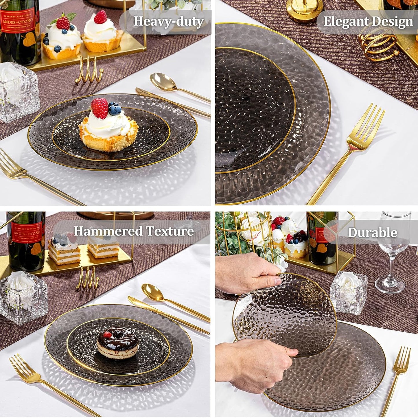 SUT 36Pcs Black Plastic Plates, Hammered Plates Disposable Heavy Duty, Black Disposable Plates With Gold Rim, Fancy Plastic plates Include 18 Dinner and 18 Dessert plates for Wedding