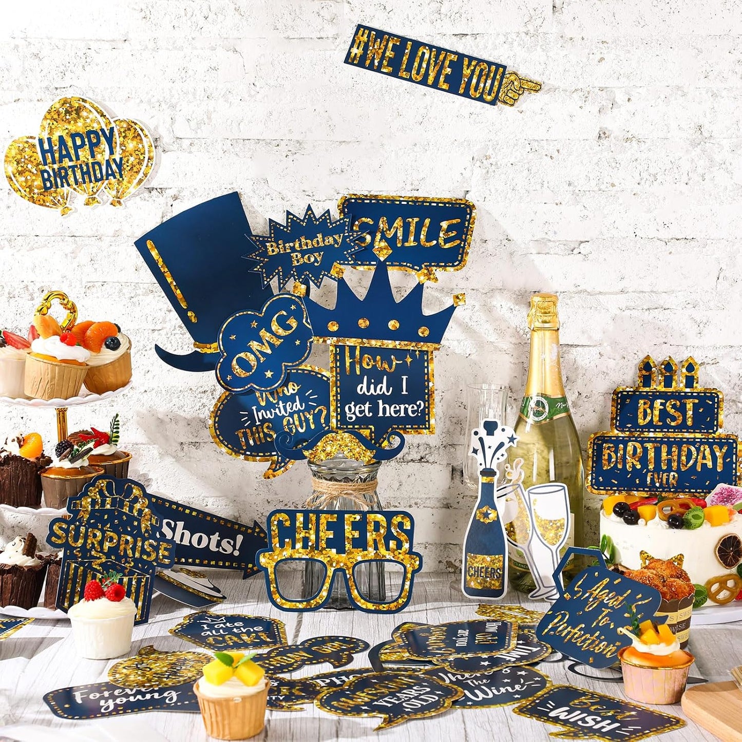Outus 36 Pcs Birthday Photo Booth Props Kit Happy Birthday Graduation Wedding Party Favors Supplies Bday Party Decor 40th- 50th-60th Photobooth Funny Cute Holiday Selfie Supplies(Gold and Blue)