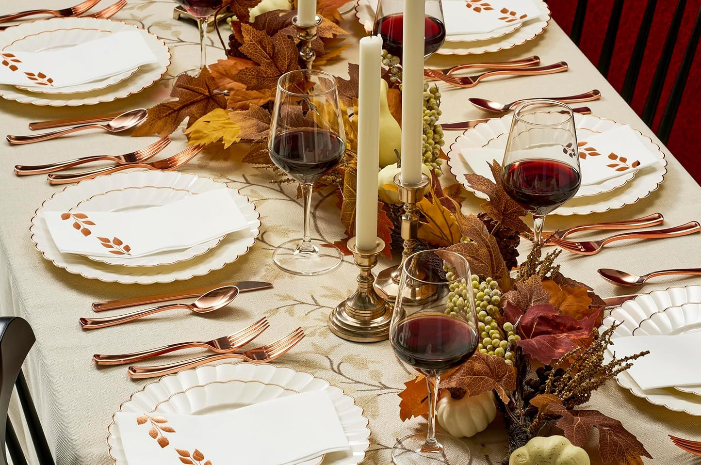 By Madee HEAVYWEIGHT 175 Pc Thanksgiving Plastic Plates and Napkins Sets – Ivory Scalloped Plates with Rose Gold Trim | Fall Disposable Dinnerware Set | Host Beautifully (25 Guests)