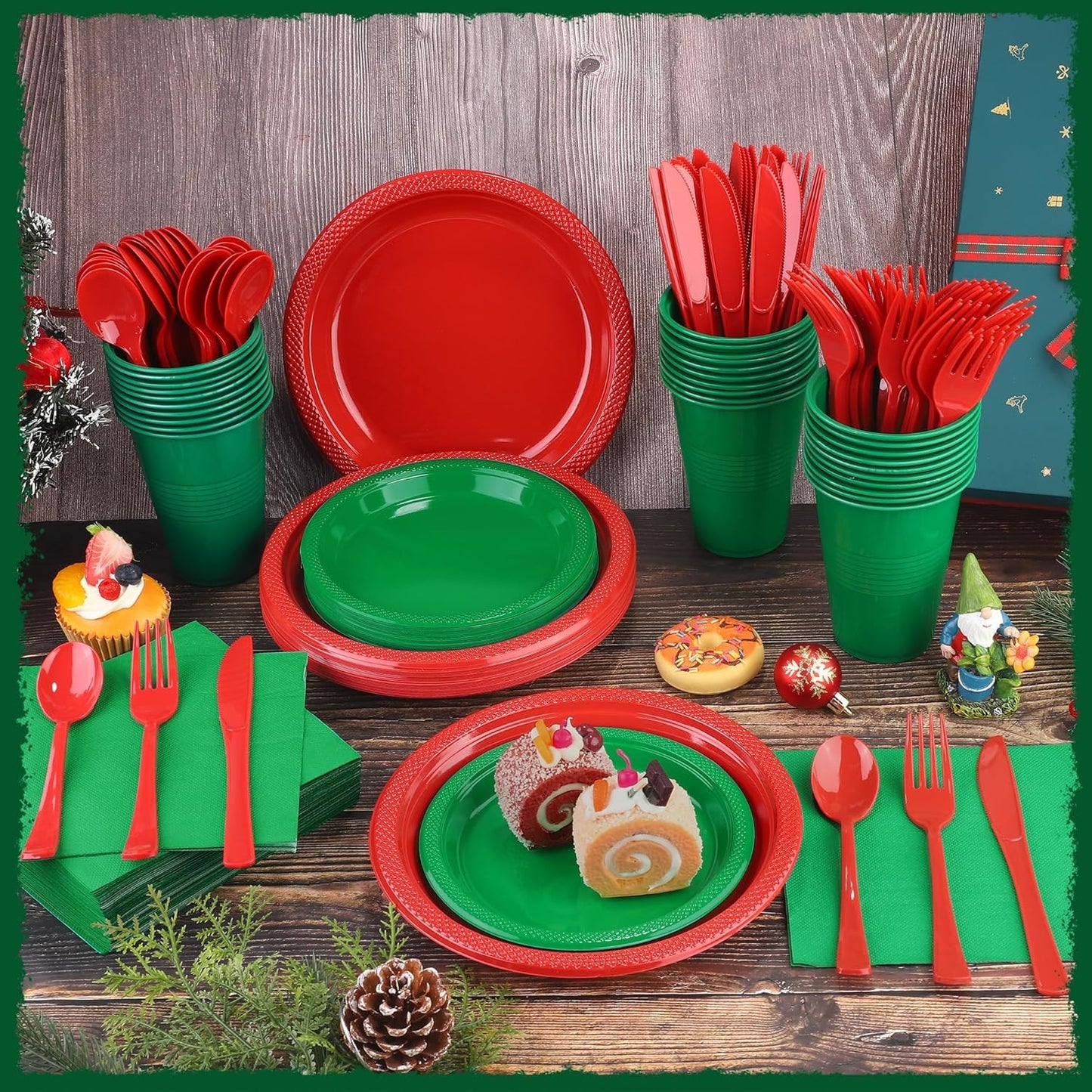 240 Pieces Christmas Plastic Dinnerware Set Disposable Party Plates Napkins Cups and Silverware Dessert Dinner Plates for Birthday Wedding Party Supplies, Serves 30 Guests, Red and Green