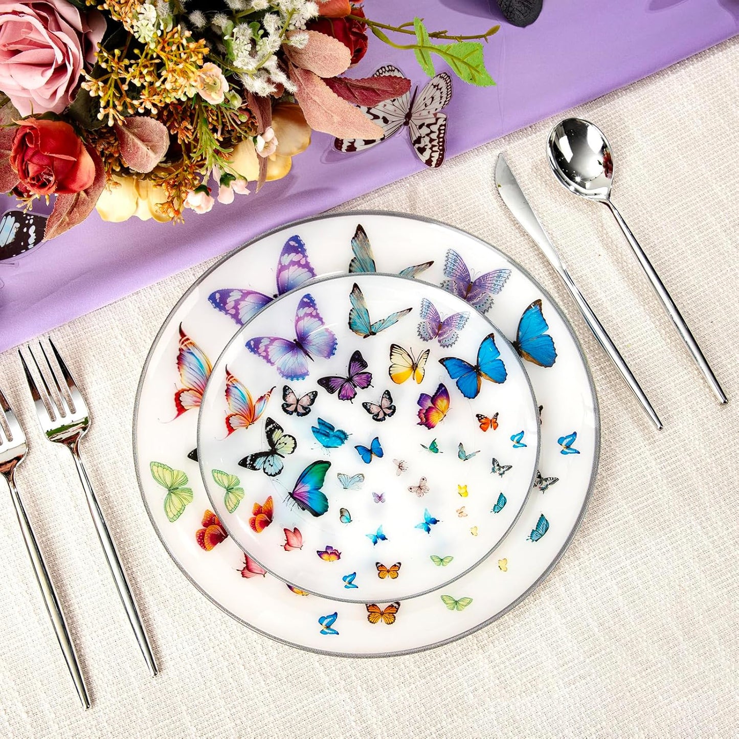 LIYH 60 Pcs Butterfly Plates Disposable Heavy Duty Fancy White Plastic Plates for Party Plate for Garden Party Birthday Wedding Butterfly Decor Include 30 10.25" Dinner & 30 7.5" Dessert Plate