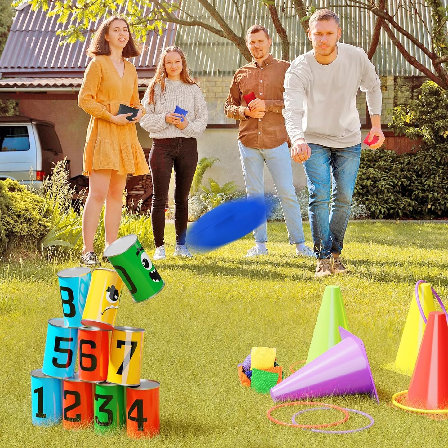 58PCS Carnival Games Combo Set, Dart Board Knock Down Can Bean Bag Toss Game Party Indoor Outdoor Birthday Party Fall Festival Field Day for Kids Adults Yard Plastic Cones Outside Games