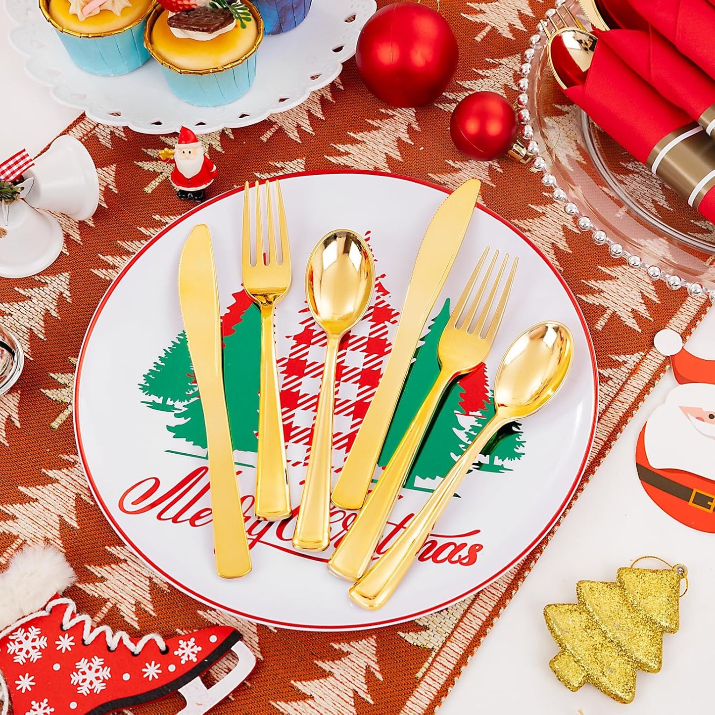 Supernal 30 Pack Gold Plastic Silverware with Red Napkins,Gold Silverware Disposable,Wrapped Plastic Cutlery Set with Napkin,Pre Rolled Silverware Set Disposable,Christmas Cutlery Suitable for Holiday