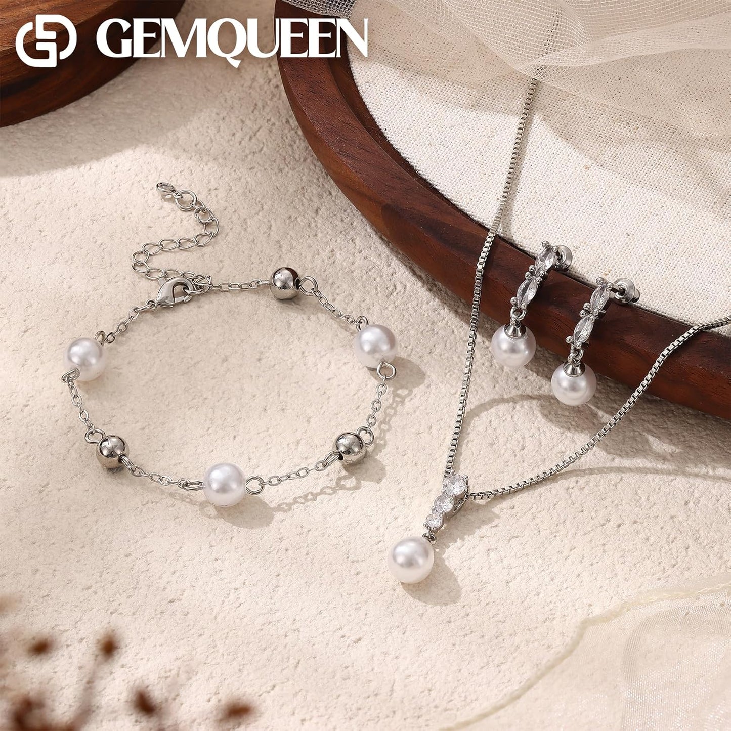 14K Gold Plated Pearl Jewelry Set for Women - 925 Sterling Silver Post Dangle Earrings Dainty Pearl Necklace Bracelet Wedding Jewelry Sets for Bride Bridesmaid CZ Costume Accessories Trendy