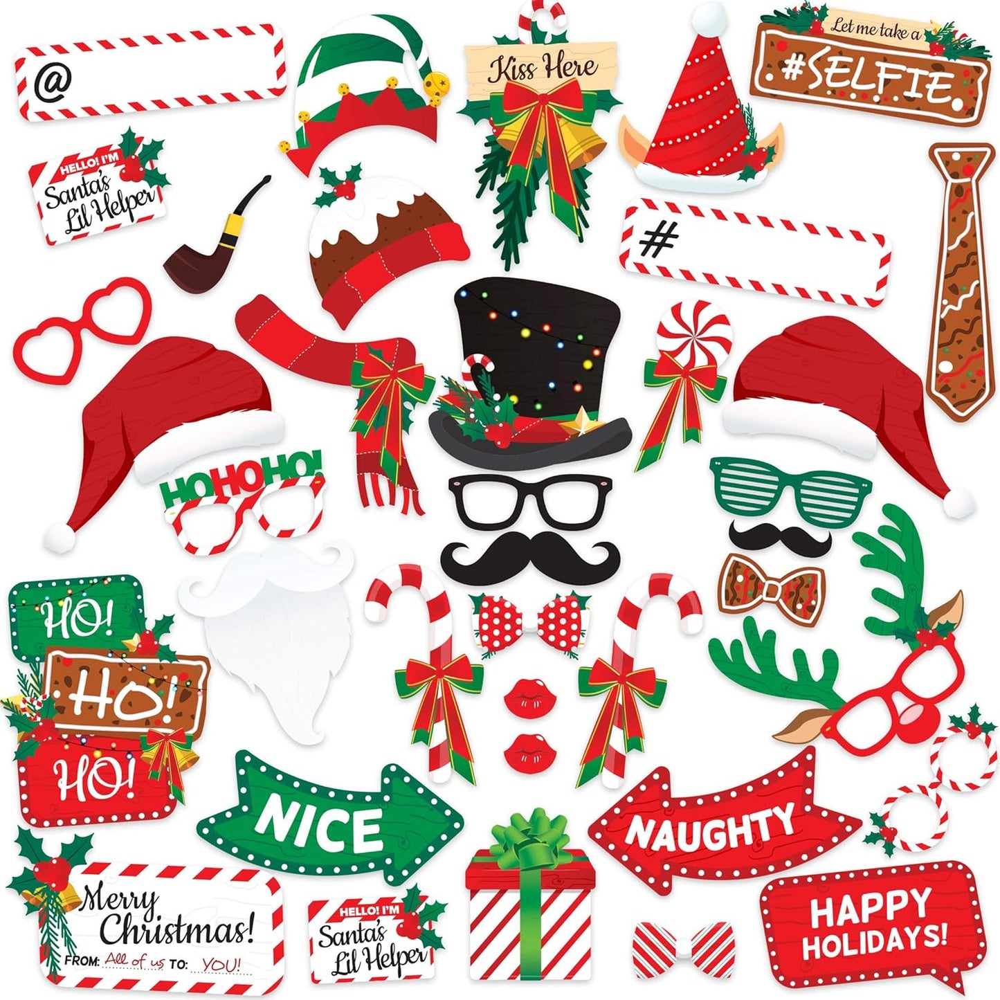 Christmas Photo Booth Props 38pc Set - Christmas Party Decorations, Party Favors, Games & Supplies for Kids Adults - Christmas Photo Props Backdrop Table Decorations Accessories
