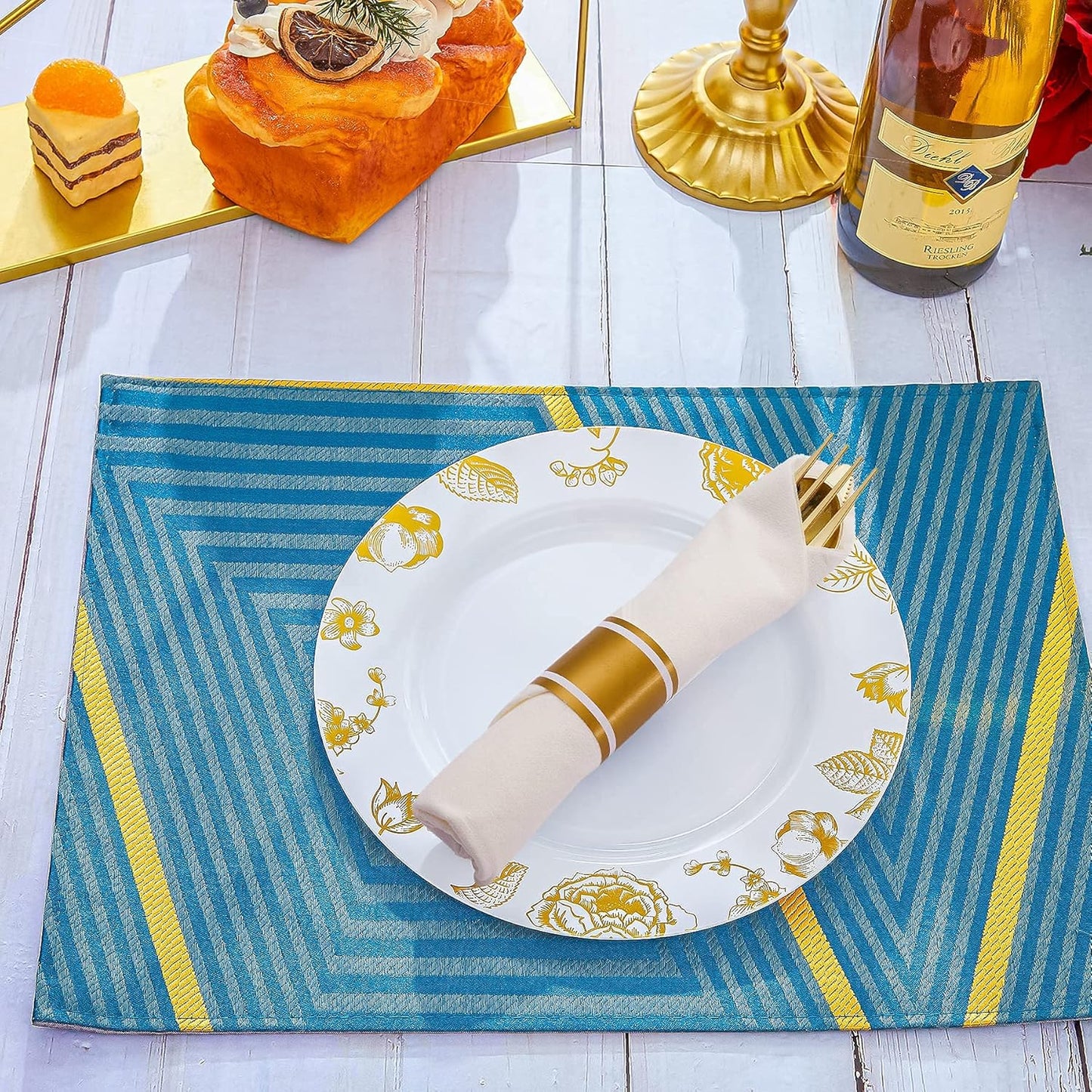 N9R 50 Pack Pre Rolled Gold Plastic Cutlery Set, Wrapped Plastic Silverware Set with 50 Forks, 50 Knives, 50 Spoons and 50 Napkins, Disposable Cutlery Set for Party and Wedding