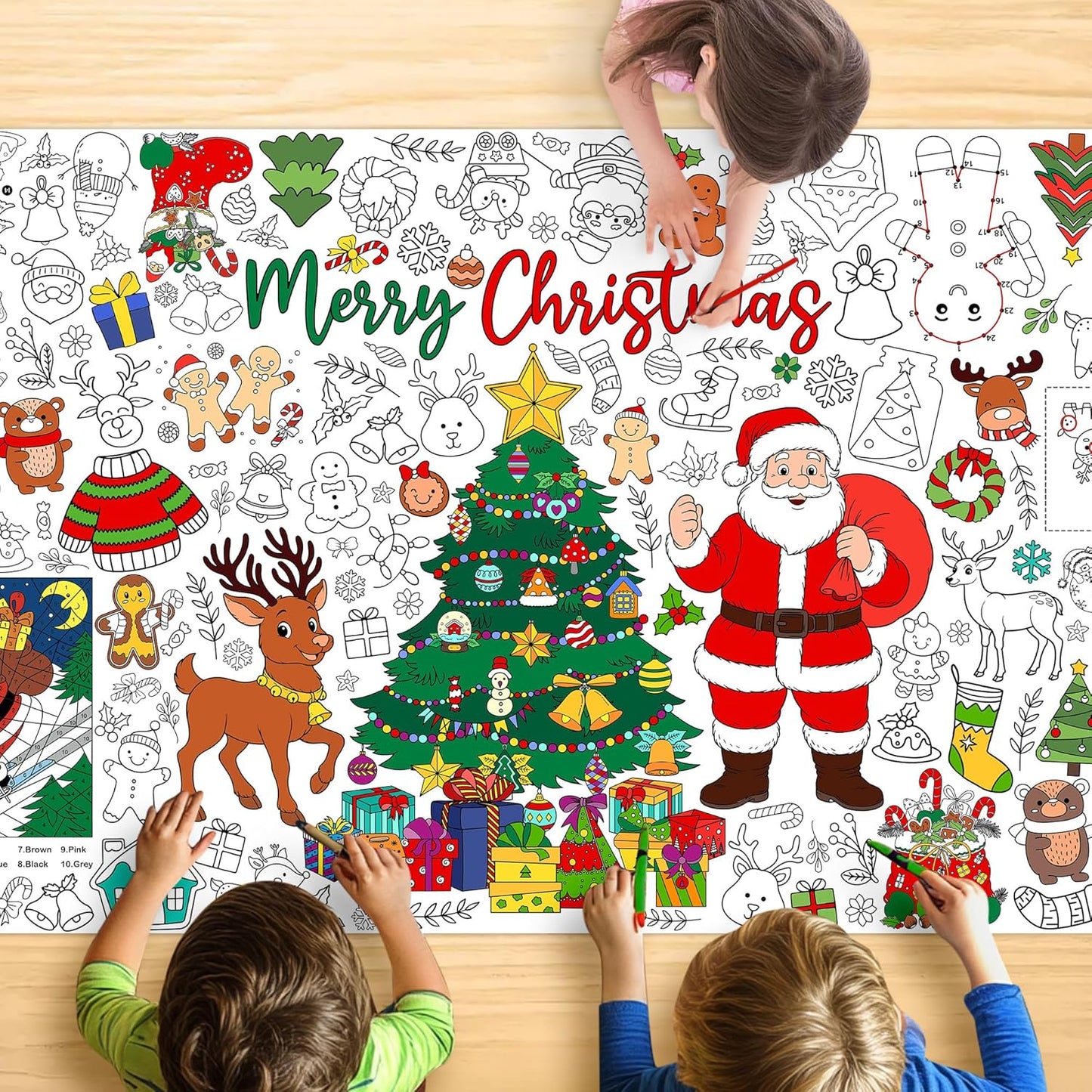 Christmas Giant Coloring Tablecloth for Kids, Large 30x72 Inch Poster with Santa, Christmas Tree, Reindeer, Perfect for Party Games, Classroom Decorations, Arts Crafts, Winter Activities