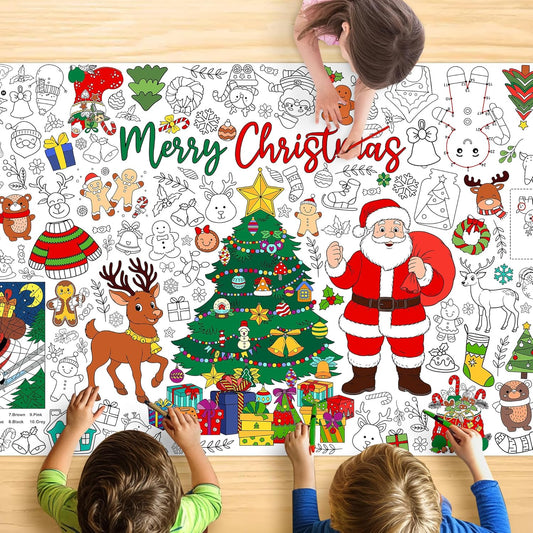 Christmas Giant Coloring Tablecloth for Kids, Large 30x72 Inch Poster with Santa, Christmas Tree, Reindeer, Perfect for Party Games, Classroom Decorations, Arts Crafts, Winter Activities