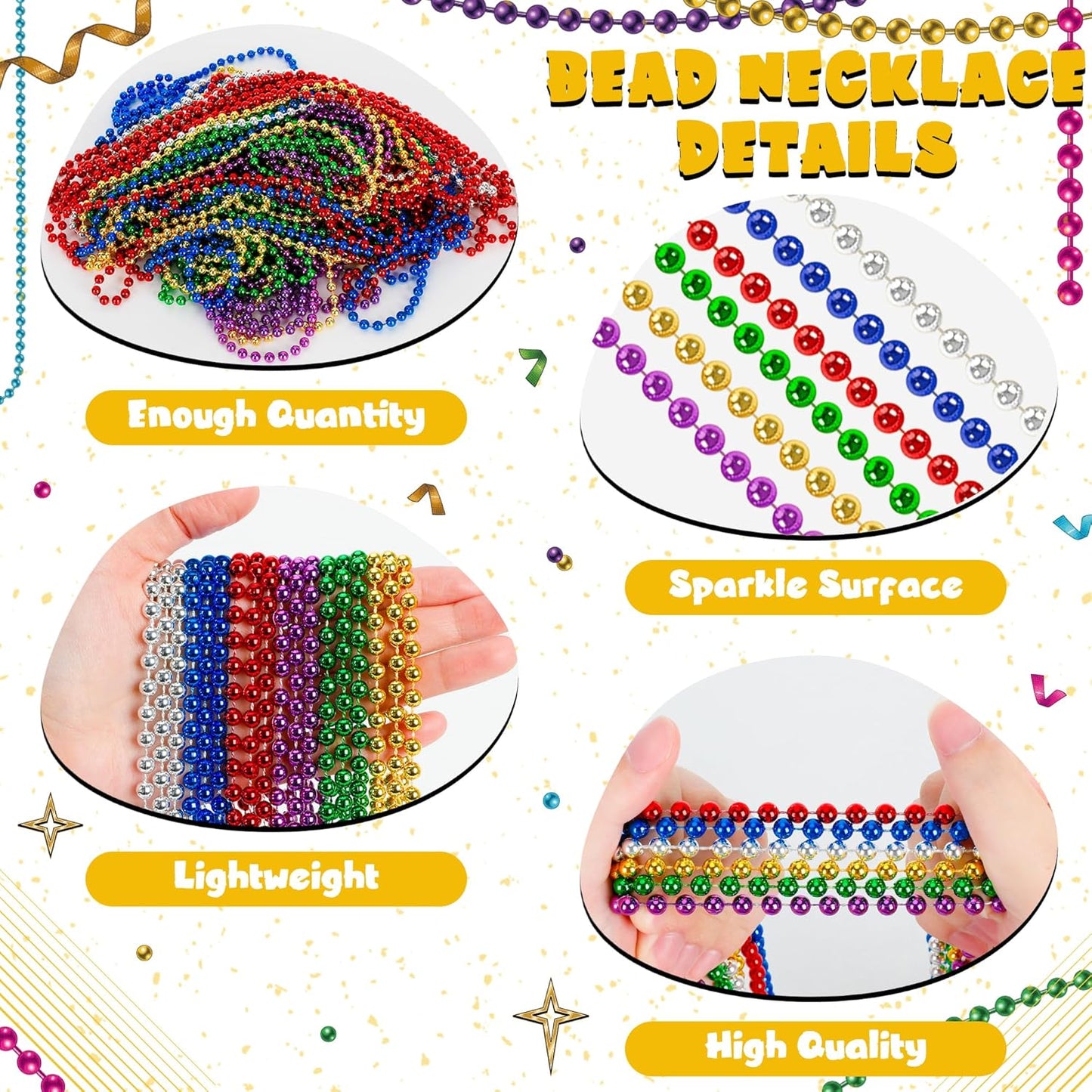 12 PCS Mardi Gras Beads Necklaces, 33" Metallic 6 Kinds Color Beaded Stuff Set, Festival Parade Throws, Colorful Assorted Carnival Costume Accessories for Christmas Parade Party Favors Decorations
