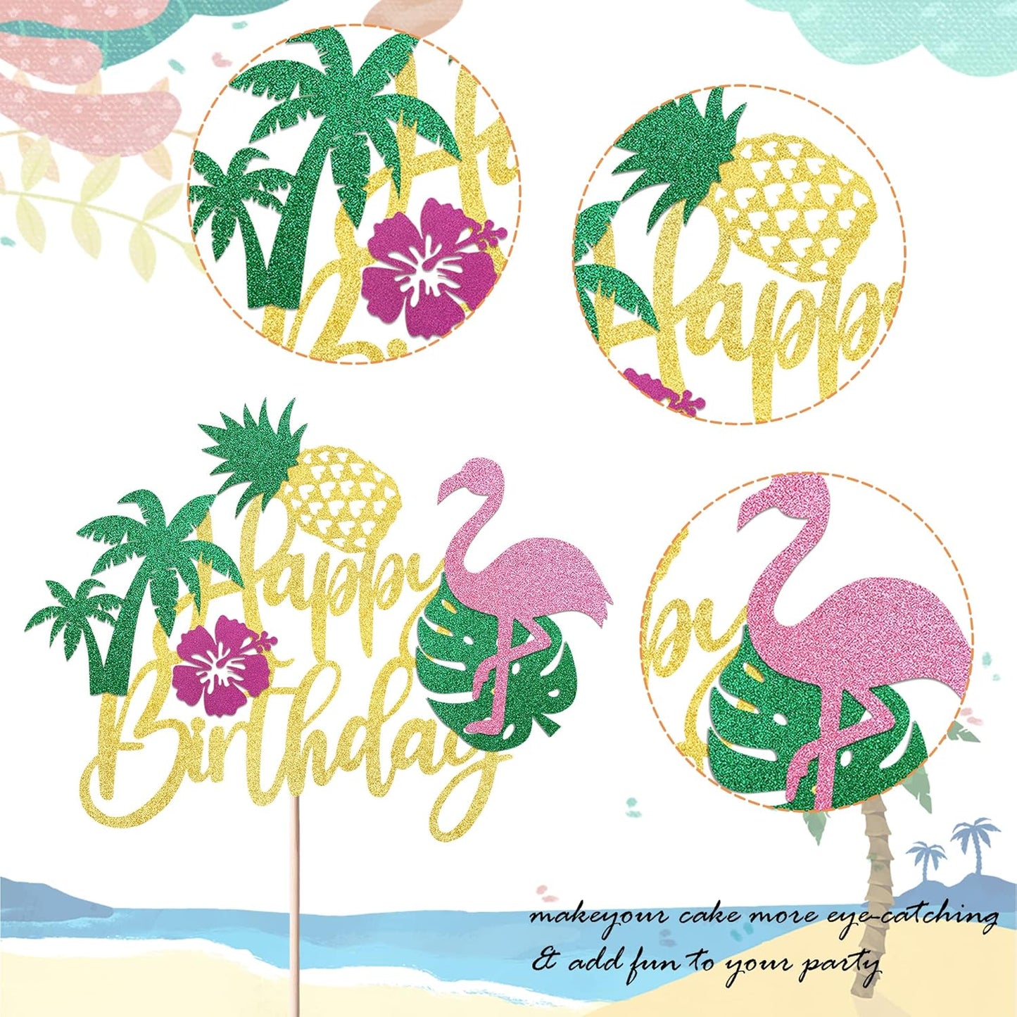 1 Pack Happy Birthday Cake Topper Tropical Hawaiian Luau Cake Pick Glitter Flamingo Plam Leave Pineapple Cake Decoration for Summer Baby Shower Birthday Party Supplies