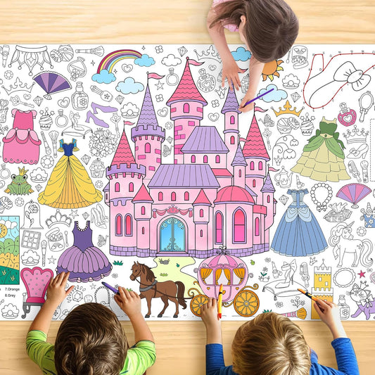 Princess Coloring Tablecloth for Kids, Giant 30x72 Inch Poster with Castles, Crowns, Fairy Tale Icons, Perfect for Girls Princess Party Games, Royal Decorations, Celebration Supplies