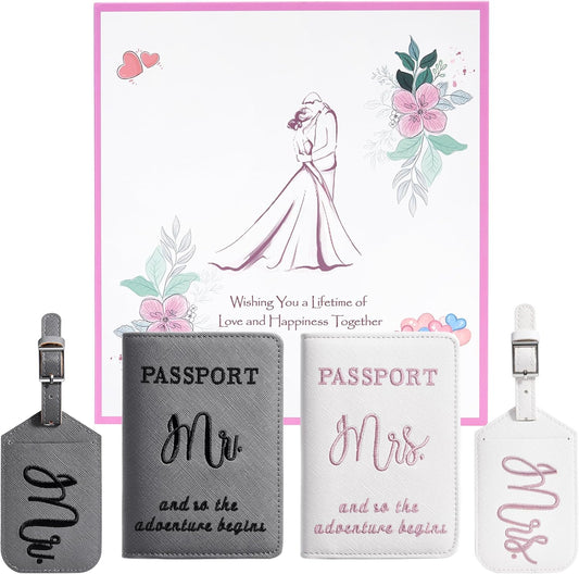 Mr and Mrs Luggage Tags & Passport Holders Set, Bridal Shower Gifts for Bride - Honeymoon Travel Essentials, Wedding Gifts for Couples 2025, Vacation Must Haves