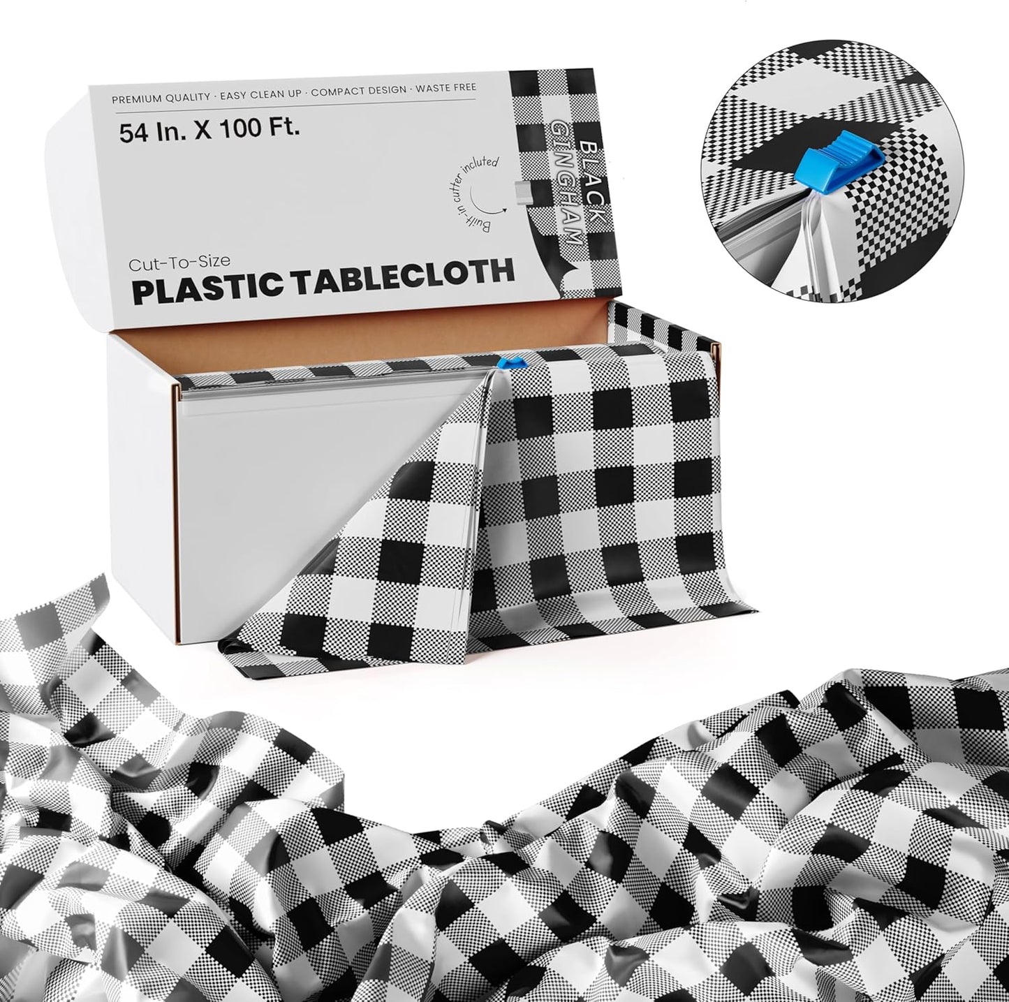 Party Solids 54 Inch X 100 Feet Black Gingham Plastic Table Cover Roll in A Cut - to - Size Box with Convenient Slide Cutter. Cuts Up to 12 Rectangle 8 Feet Plastic Disposable Tablecloths