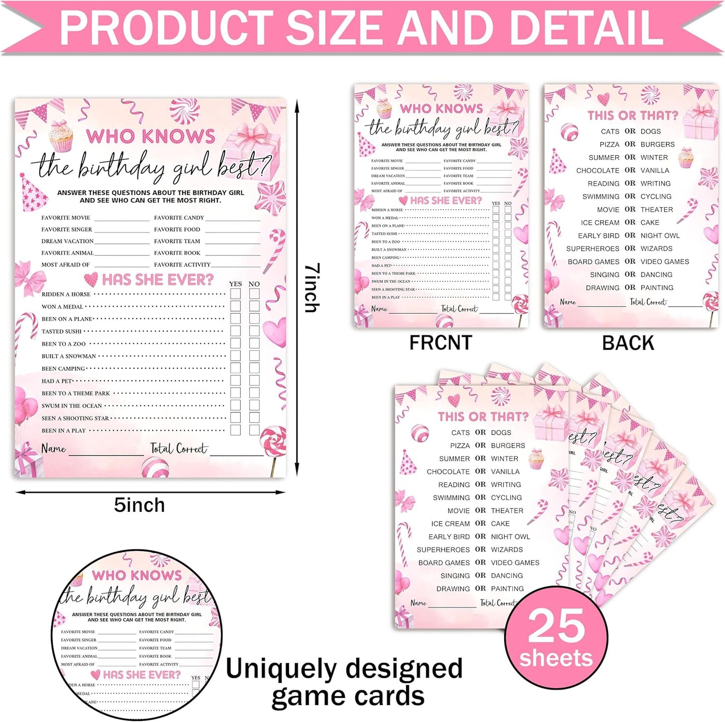Birthday Party Games Card, Who Knows The Birthday Girl Best, Girls Sleepover Party Supplies for The Girls Card Game, 5x7 Inch Set of 25 Game Cards (Pink, Double-Sided) - A04