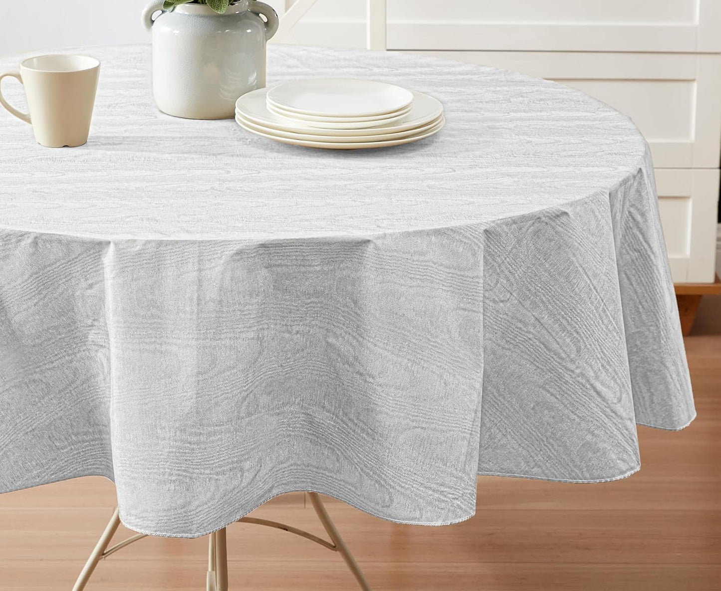 Newbridge Vinyl Flannel Backed Tablecloth, 70 inch Round, Silvery White Moire Wavy Solid Design, Heavyweight Indoor Outdoor Waterproof Table Cover, Easy Care Wipe Clean
