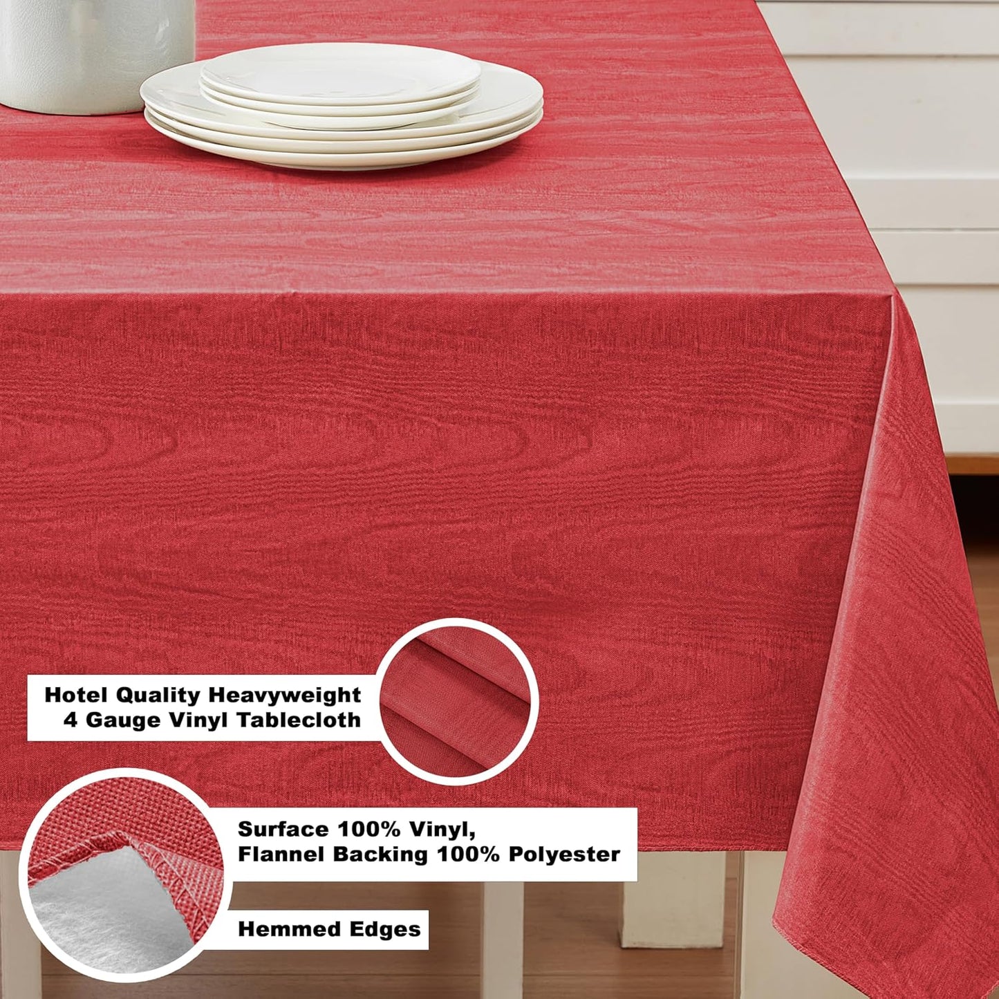 Newbridge Vinyl Flannel Backed Tablecloth, 52 x 52 Inch Square, Red Moire Wavy Solid Design, Heavyweight Indoor Outdoor Waterproof Table Cover, Easy Care Wipe Clean