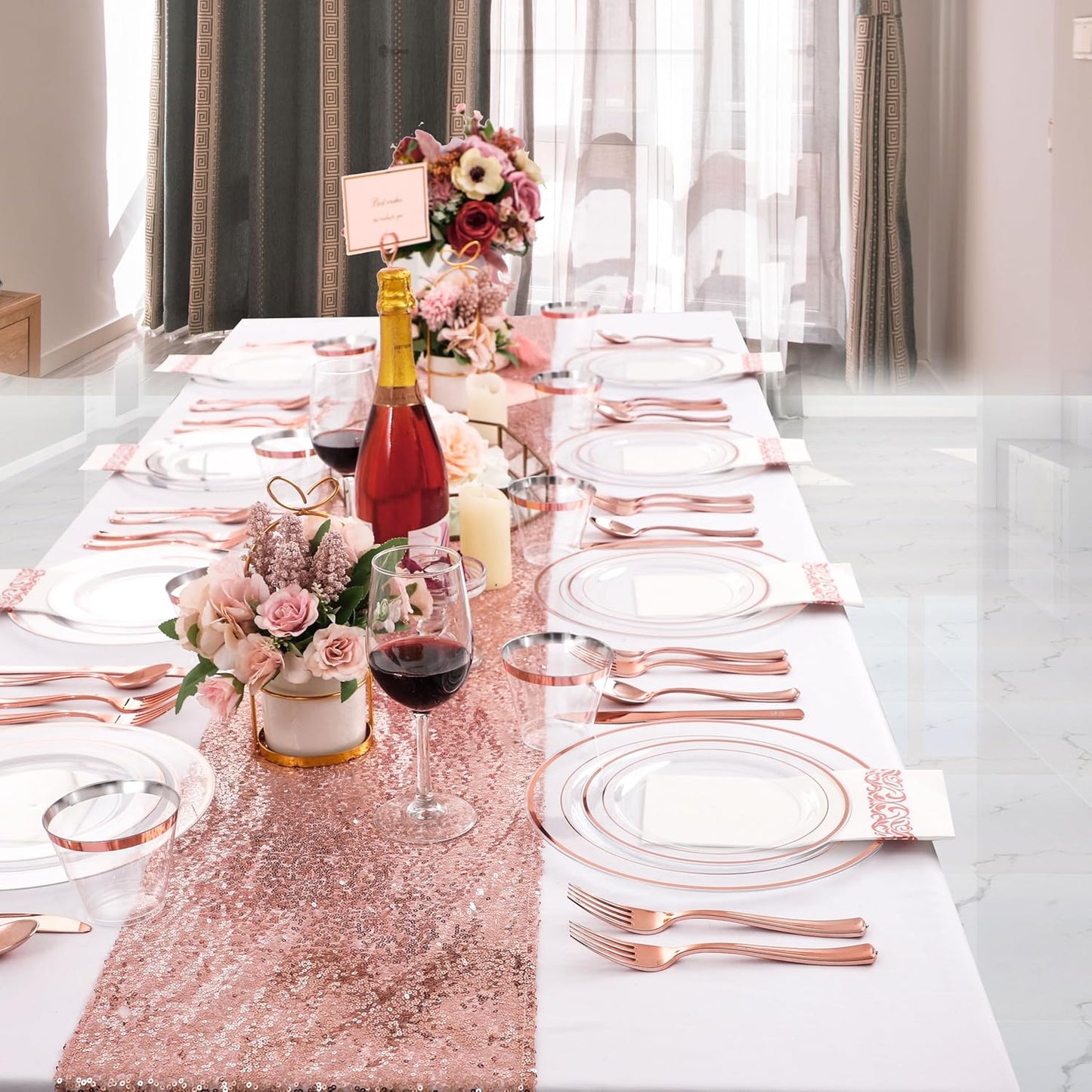 DaYammi 350Pcs Rose Gold Dinnerware Set Include: 50 Dinner Plates 10.25’’,50 Dessert Plates 7.5’’,50 Rose Gold Cutlery,50 Disposable Cups 9 OZ with 50 Napkins for Party
