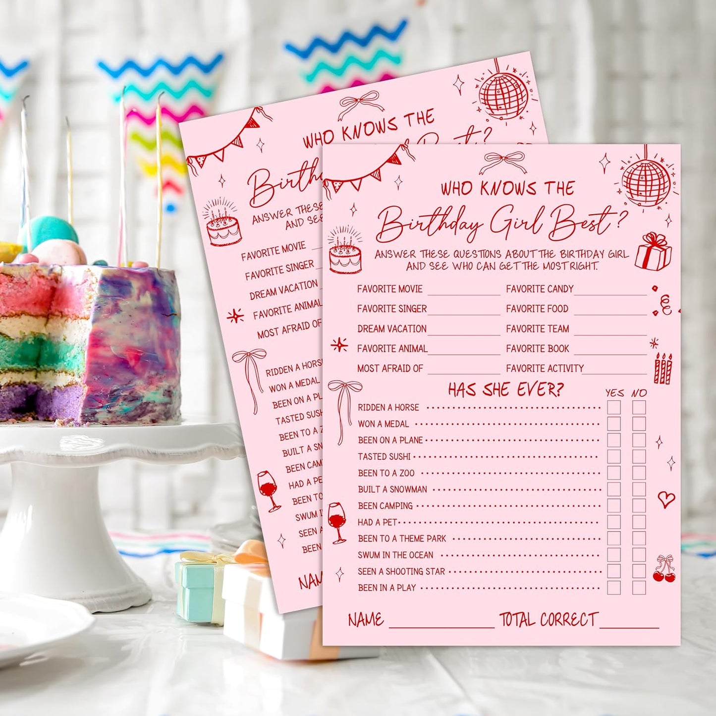 Birthday Party Games Card, Who Knows The Birthday Girl Best, Girls Sleepover Party Supplies for The Girls Card Game, 5x7 Inch Set of 25 Game Cards (Pink, Double-Sided) - A07