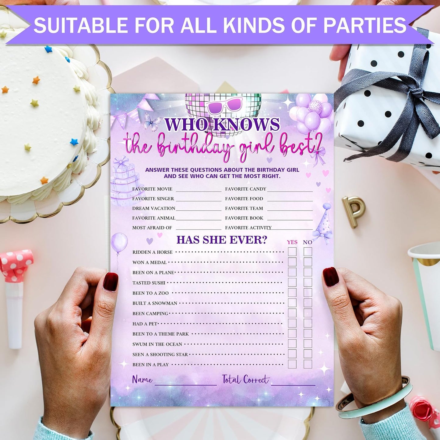 Birthday Party Games Card, Who Knows The Birthday Girl Best, Girls Sleepover Party Supplies for The Girls Card Game, 5x7 Inch Set of 25 Game Cards (Purple, Double-Sided) - A08