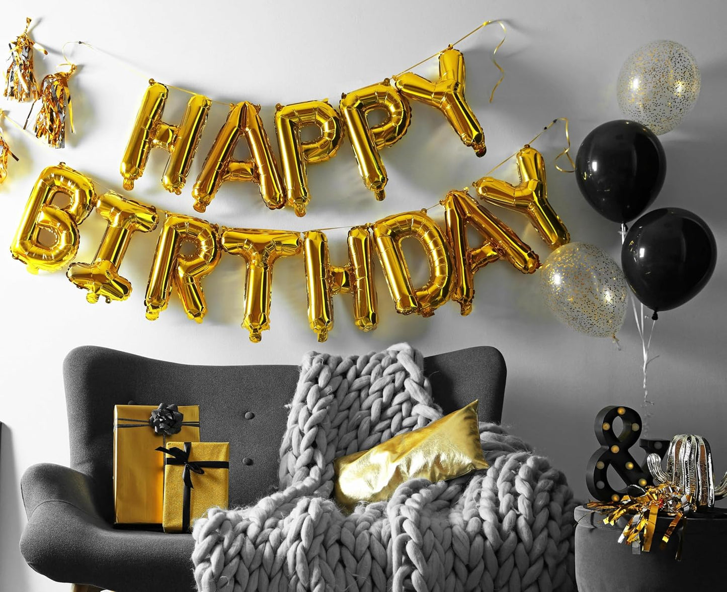Gold Happy Birthday Balloon Banner, 16 Inch Foil Mylar Happy Birthday Balloons Letters, Reusable Gold Happy Birthday Sign, Golden Birthday Decorations for Women, Men, Boys and Girls