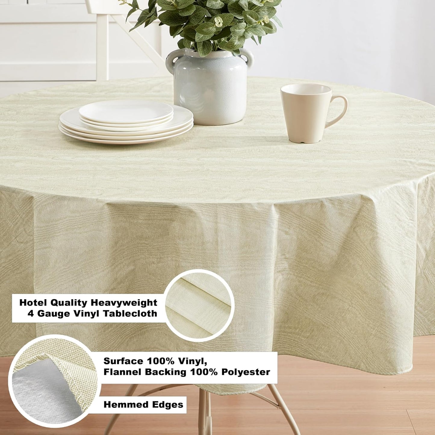 Newbridge Vinyl Flannel Backed Tablecloth, 70 inch Round, Beige Moire Wavy Solid Design, Heavyweight Indoor Outdoor Waterproof Table Cover, Easy Care Wipe Clean