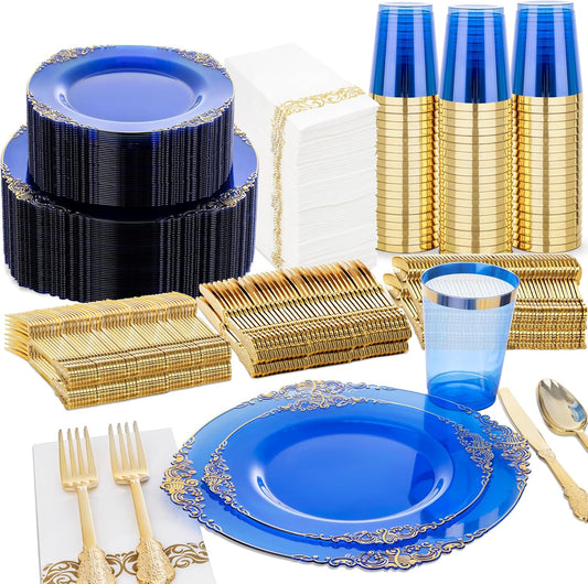 Nervure 350PCS Blue Plastic Plates - Blue Plastic Dinnerware Sets for 50 Guests - 100 Disposable Plates, 150 Gold Silverware, 50 Cups, 50 Napkins for Wedding & Party & Thanksgiving Day