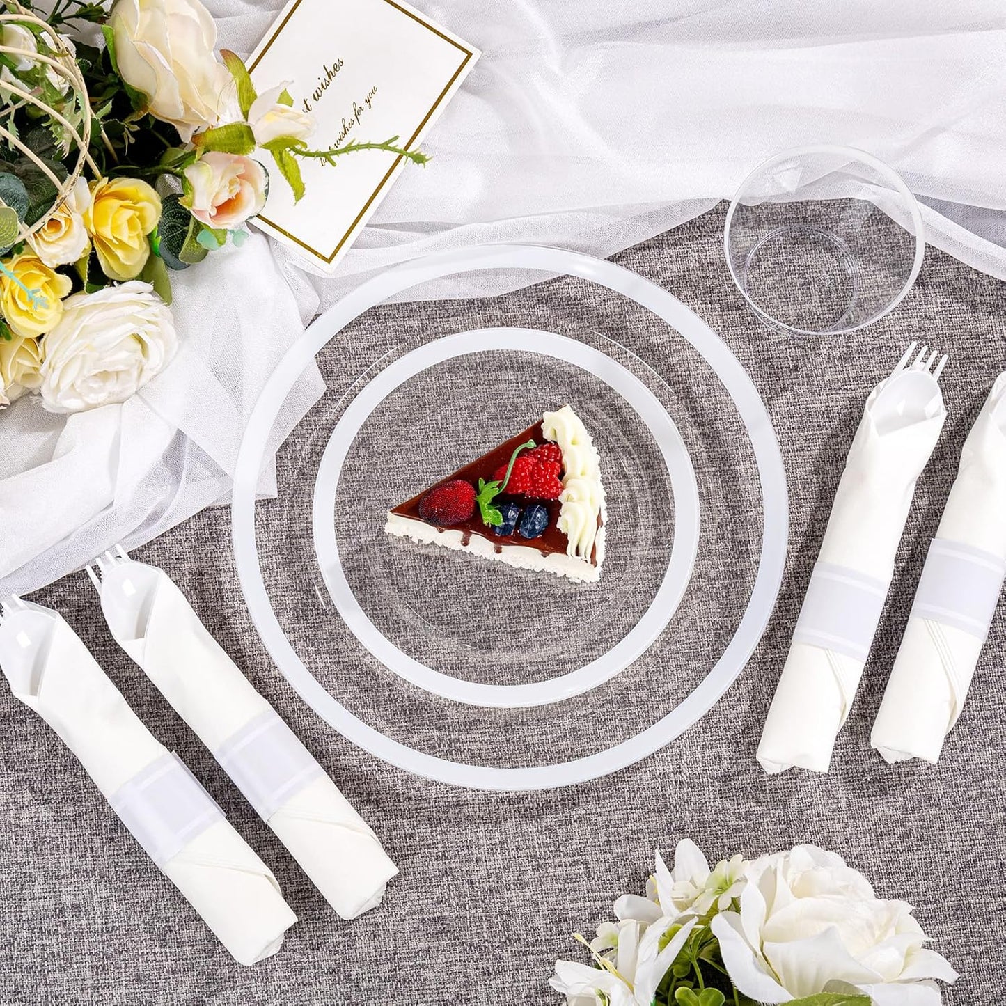 I00000 350 Pcs Clear White Plates for 50 Guests, White Dinnerware Include 100 Plates, 50 Cups, 50 Pre Rolled Napkins with Cutlery Set for Party and Wedding