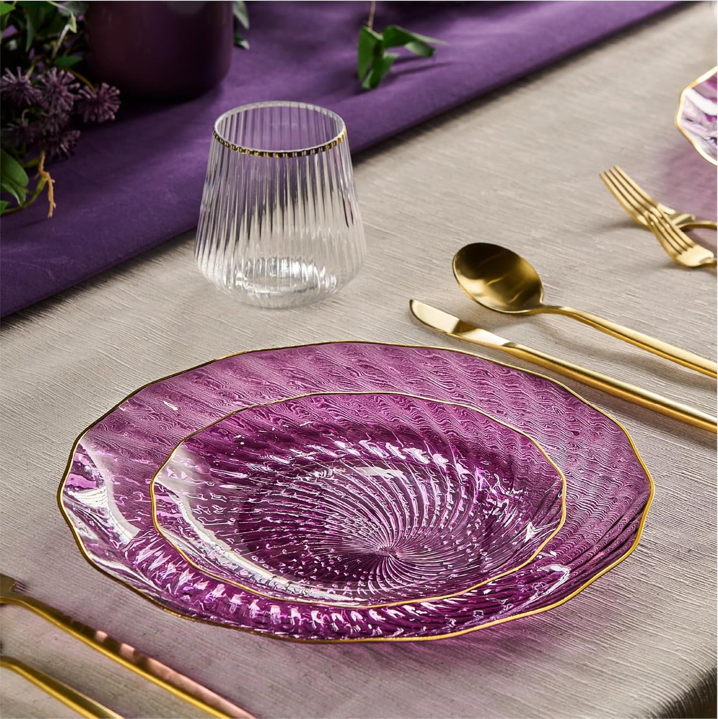 PLASTICPRO 30 Pack Plastic Set of 15-10 inch Plates and 15-7 inch Dishes Elegant Clear Purple Spiral and Gold Rim Disposable Fancy Plates Premium Heavyweight