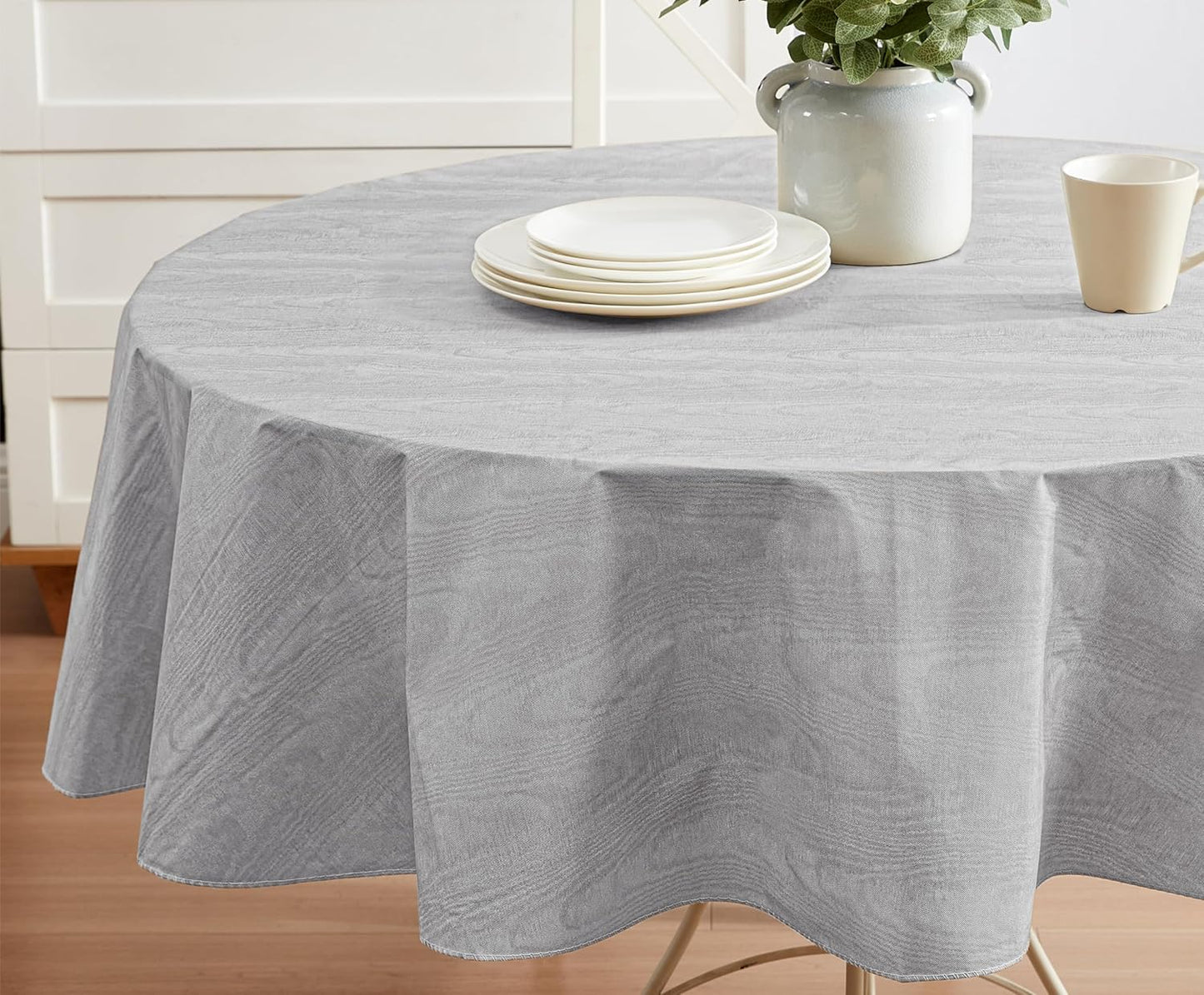 Newbridge Vinyl Flannel Backed Tablecloth, 60 x 84 Inch Oval, Grey Moire Wavy Solid Design, Heavyweight Indoor Outdoor Waterproof Table Cover, Easy Care Wipe Clean