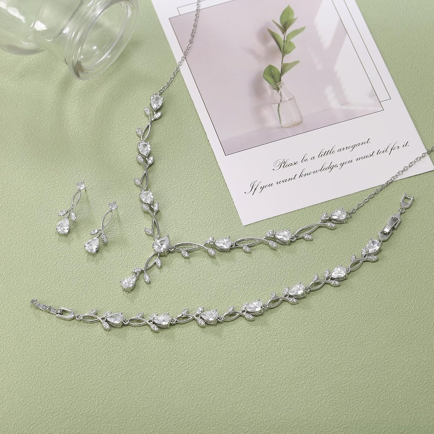 EVER FAITH Bridal Cubic Zirconia Jewelry Sets for Women, White Simulated Pearl Leaf Vine Pendant Wedding Party Necklace Earrings Set for Bridesmaid Bride