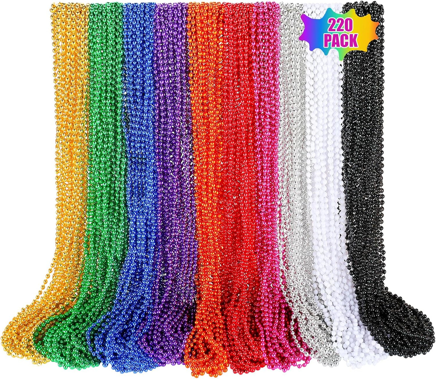220 PCS Colorful Bead Necklace, 33 Inch Mardi Gras Christmas Beads, Bulk Metallic Party Beads for Mardi Gras Parade, St Patricks Day, Wedding, Birthday, Pirate Party, Carnival Party Favors