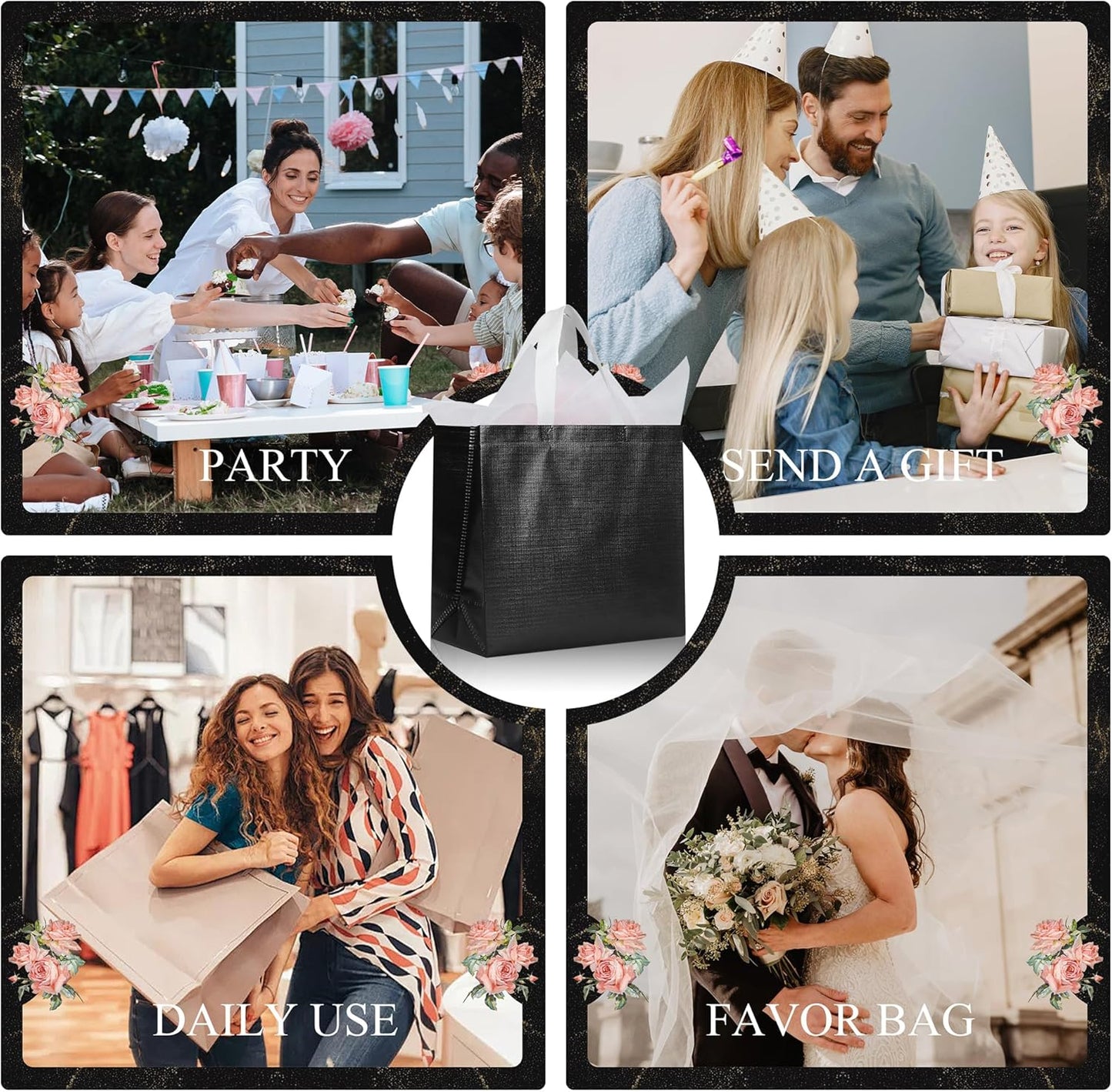 cabzymx Black Reusable Gift Bags with Metallic Design, 25 Pcs Non-woven Gift Bag Bulk with Handles, 12.6x4.7x11 In Glossy Party Bags for Wrapping Gifts, Birthday, Wedding, Parties, Graduation