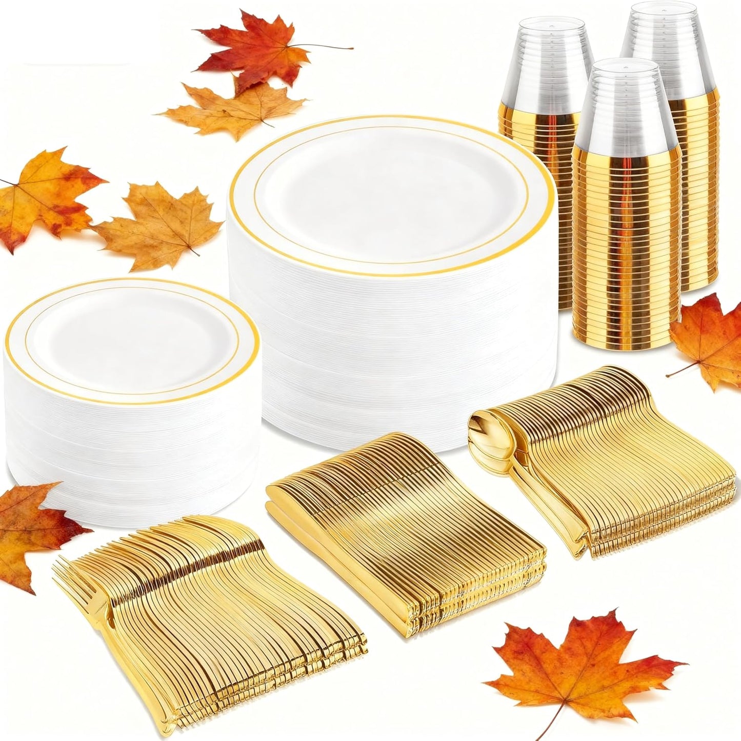 bUCLA 300PCS Gold Disposable Dinnerware Set - White and Gold Plastic Plates - Include 50 Each (Dinner&Dessert) Plates,50 Knives,50 Forks,50 Spoons,50 Cups for Party & Thanksgiving Table Decor