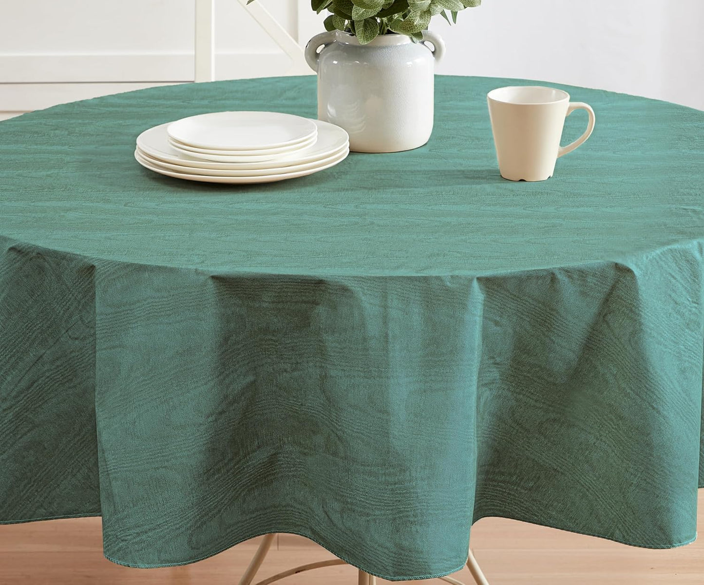 Newbridge Vinyl Flannel Backed Tablecloth, 70 inch Round, Hunter Green Moire Wavy Solid Design, Heavyweight Indoor Outdoor Waterproof Table Cover, Easy Care Wipe Clean