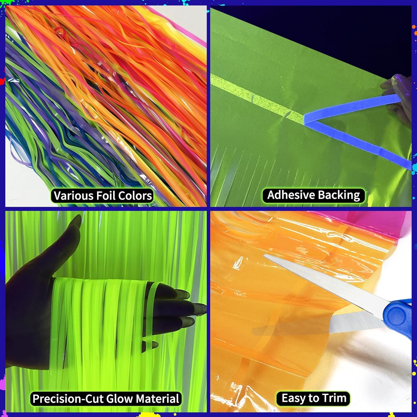 Glow in The Dark Tinsel Fringe Table Skirt - 2 Pack Neon Foil Party Decor, 31.5"x118" UV Reactive Fringe Skirt for Rave, Wedding, Birthday Backdrop - 6 Vibrant Colors