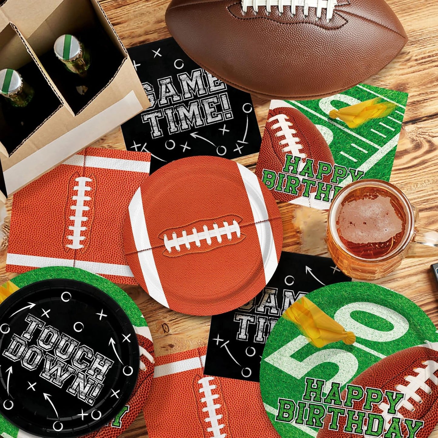 Football Birthday Party Decorations Kit for 24: Football Party Supplies Set with Plates, Dessert Plates, Napkins, Cups, Banner & Touchdown Tablecloth - for Football Tailgate Party Decorations