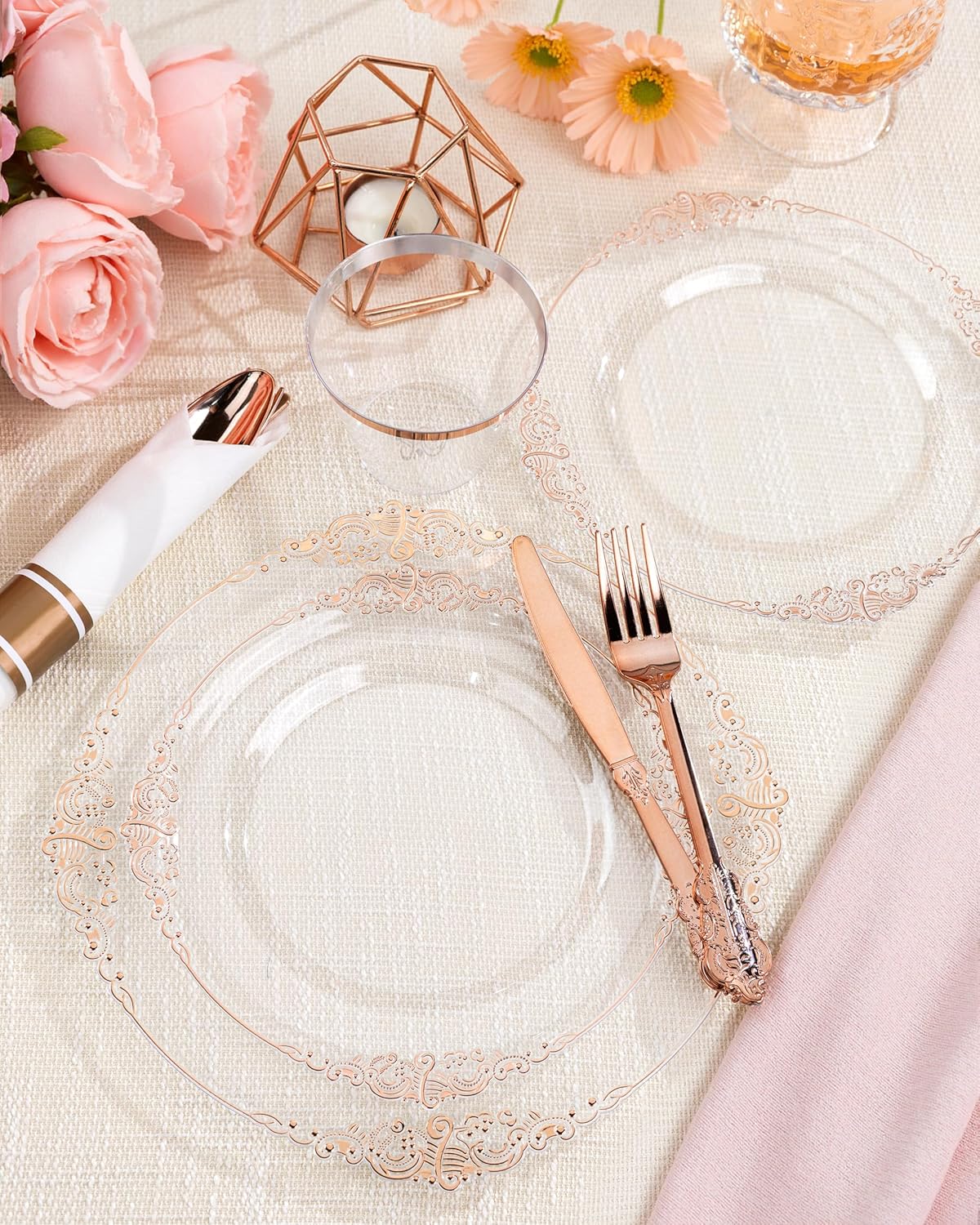 Nervure 175PCS Rose Gold Plastic Plates - Disposable Rose Gold Party Plates & Pre Rolled Napkins with Cutlery for 25 Guests, 50Plates, 75Silverware, 25Cups, 25Napkin for Wedding & Party