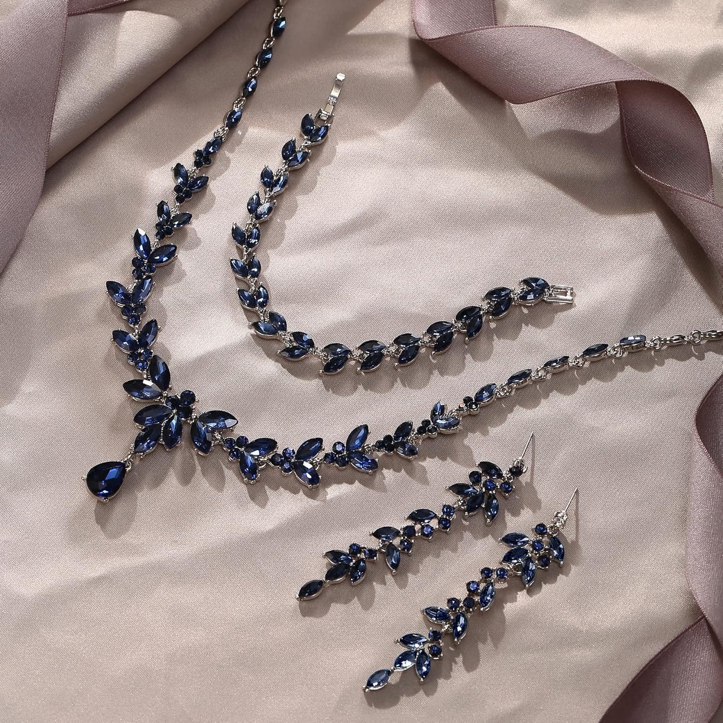 EVER FAITH Austrian Crystal Bridal Bridesmaid Jewelry Sets, Elegant Marquise Rhinestone Leaf Necklace Dangle Earrings Tennis Bracelet Set for Women