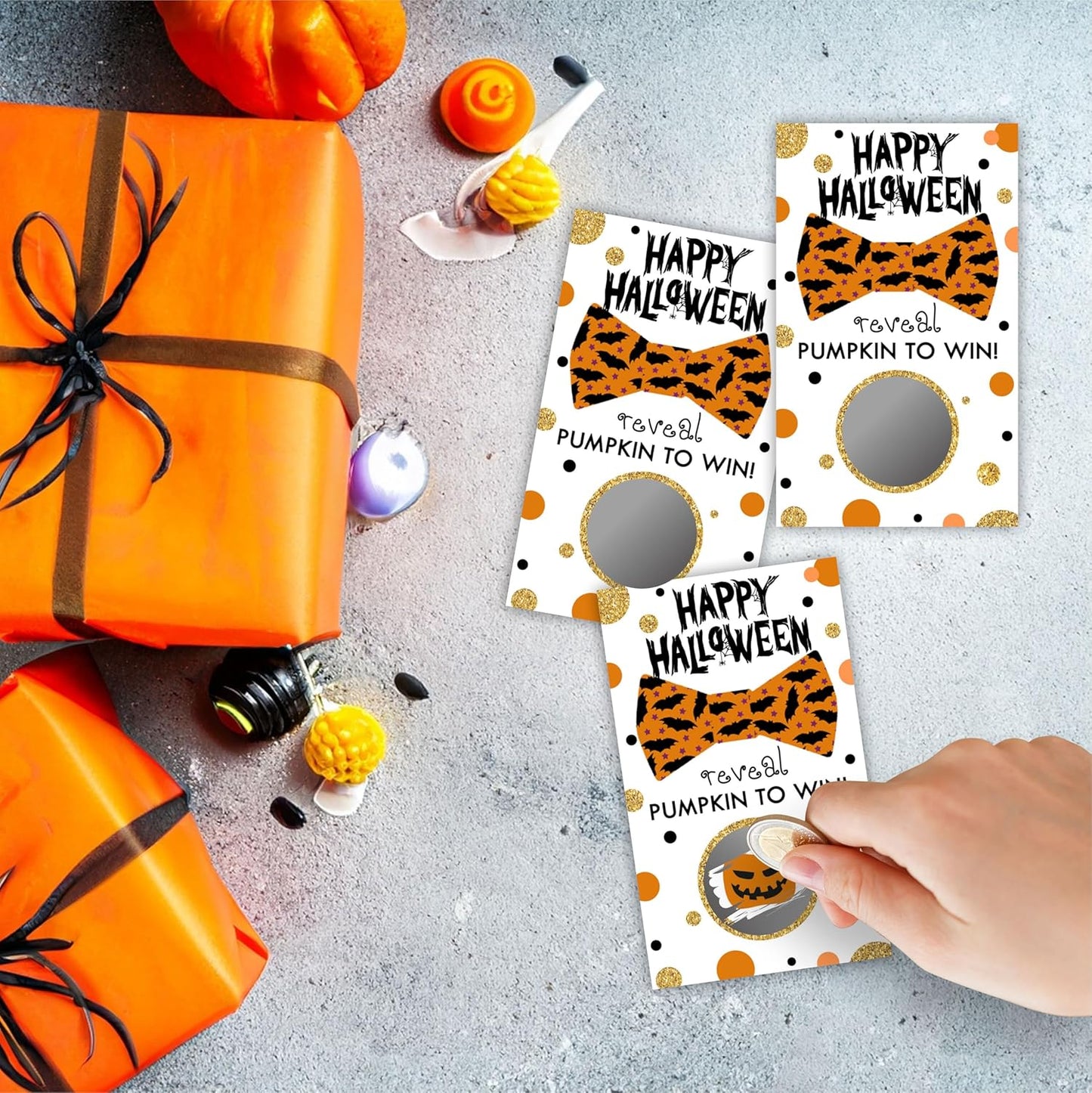 3.5" x 2.1" Halloween Themed Scratch Cards - 40 Happy Halloween Bat Bowtie Game Cards - Horror Party, Theme Party, Wedding Bridal Party and Raffle - A02