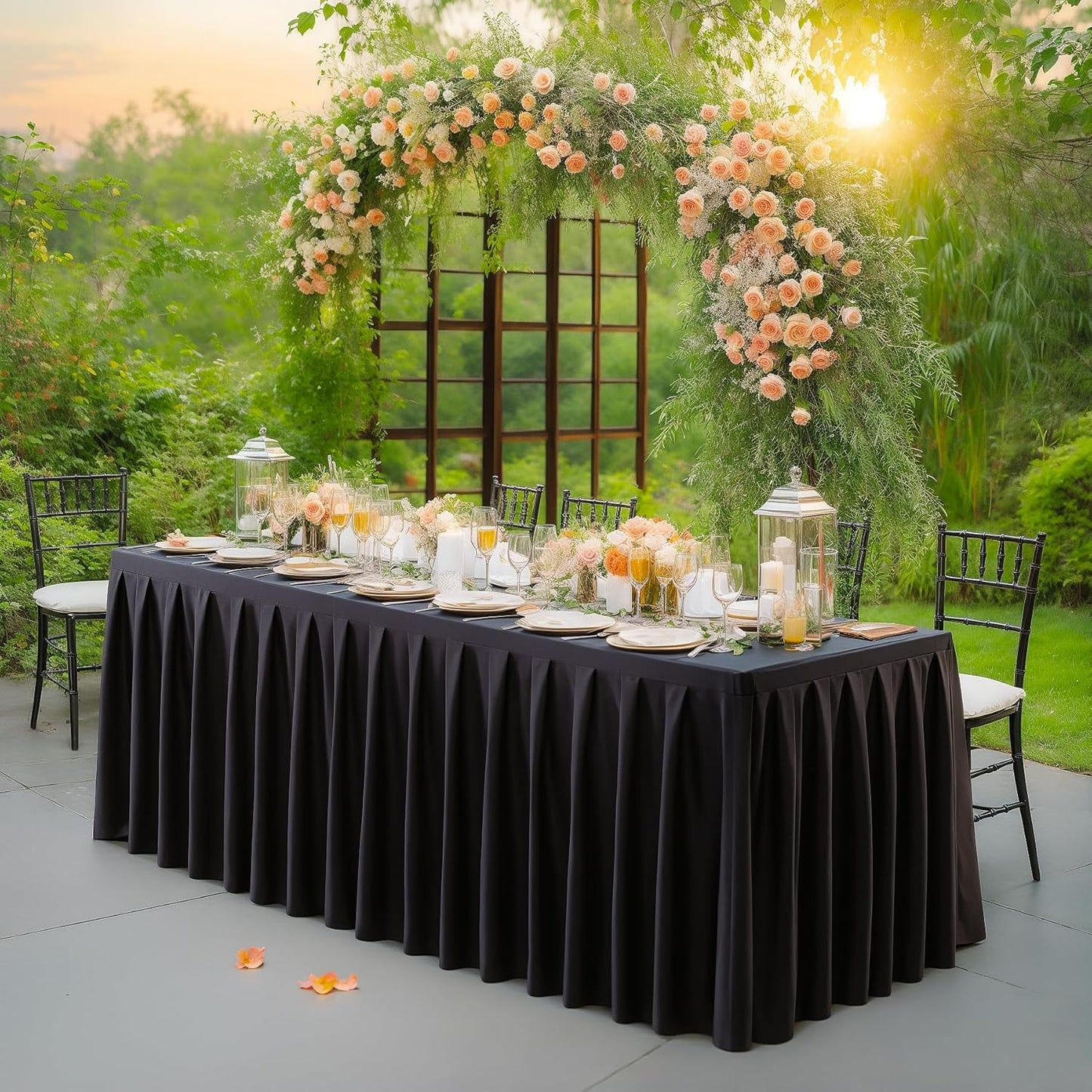 2 Pack Black Rectangle Tablecloth 8 FT Stretch Spandex Fitted Table Cloth for 8 Foot Rectangle Tables Banquet Tablecloths Wrinkle Free Table Cover Skirt Ruffle Tablecloth for Party Wedding Birthday